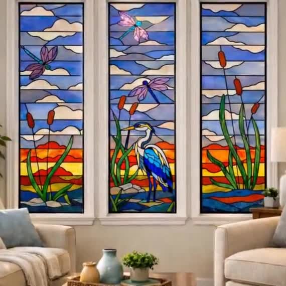 Marsh Wildlife Stained Glass Window Triptych Heron & Dragonfly